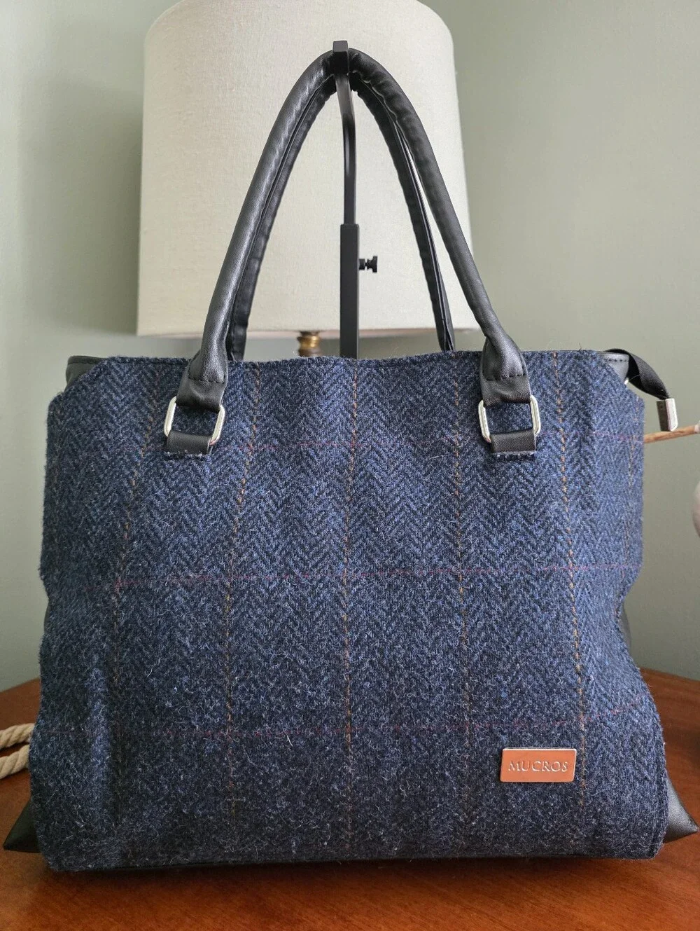 Mucros Weavers Emily Shoulder Tote Blue Black Herringbone Wool Leather Bag
